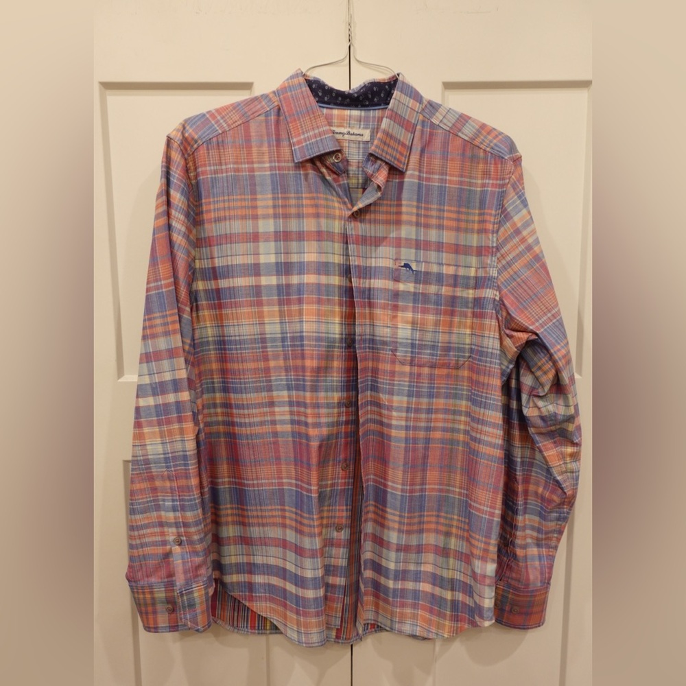 Tommy Bahama Coral and Blue Plaid Button Down Shirt
